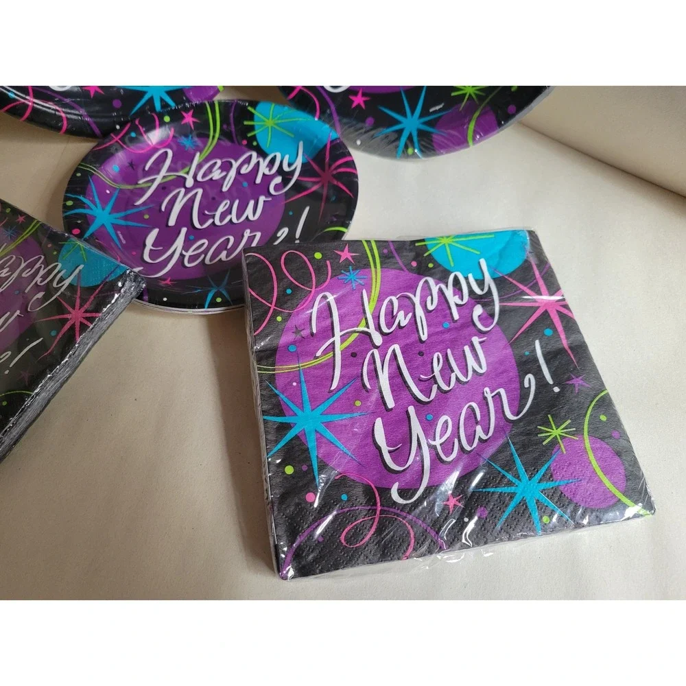 Unique Stellar New Years Party Supplies Plates Napkins Set Neon Starburst 5pc